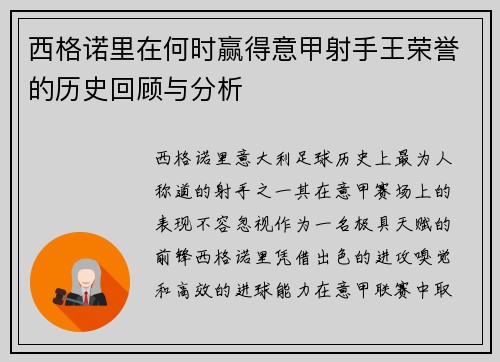 西格诺里在何时赢得意甲射手王荣誉的历史回顾与分析