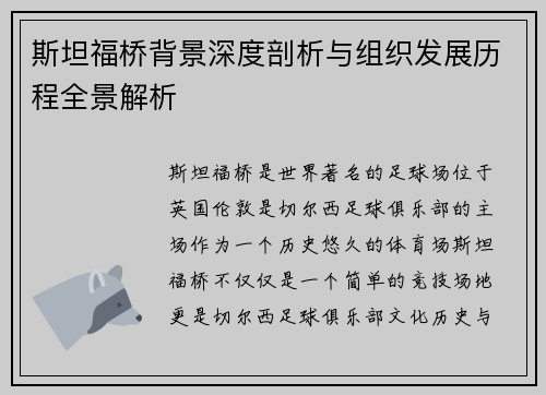 斯坦福桥背景深度剖析与组织发展历程全景解析