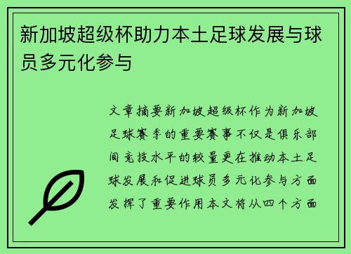 新加坡超级杯助力本土足球发展与球员多元化参与
